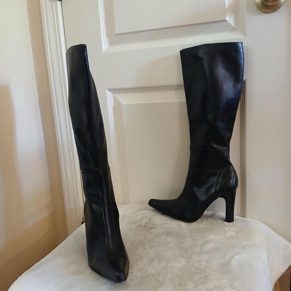 Y2K Vintage Charles David Black Leather Pointed Toe Knee-High Boots 6 Witchy